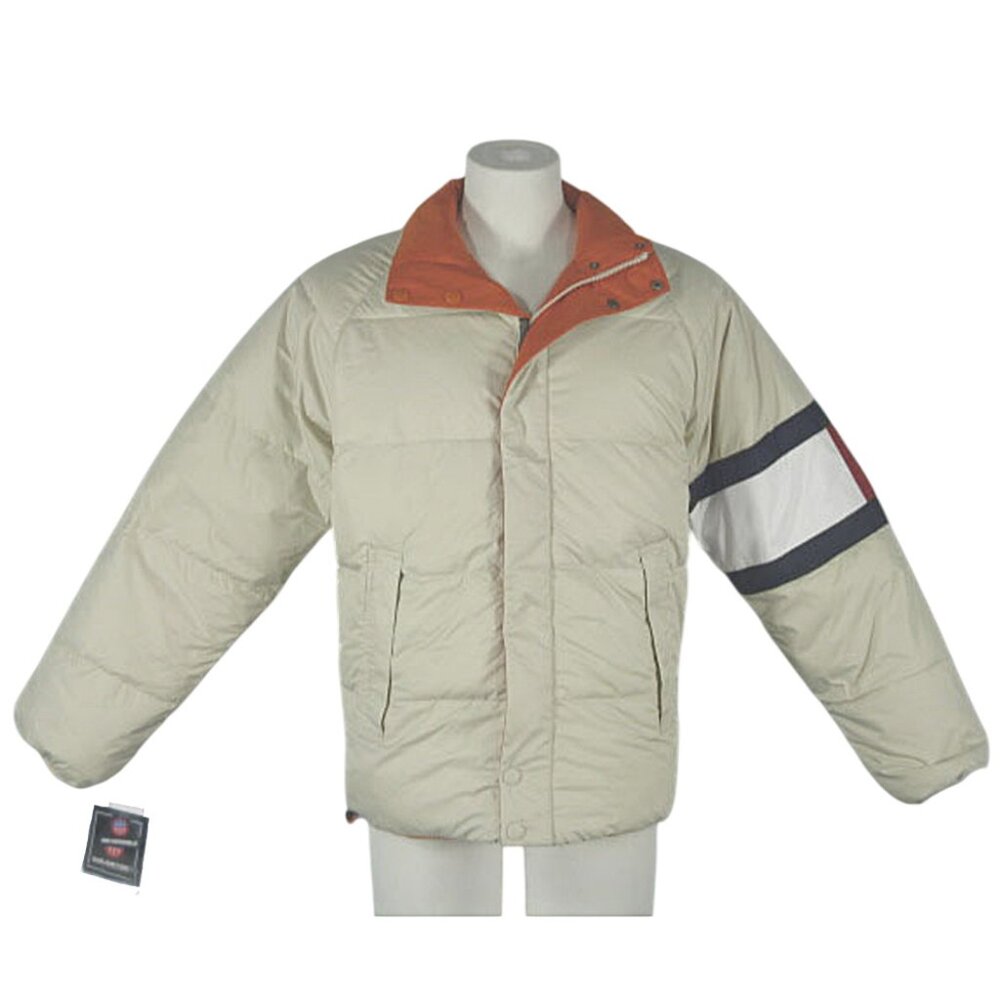 NEW Tommy Hilfiger Reversible Down Puffer Jacket!  Creme & Orange  Hilfiger Flag